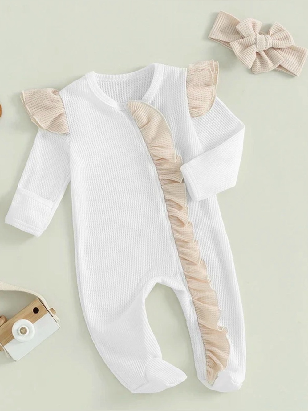 NWOT White Baby One-Piece with Beige Ruffle Trim